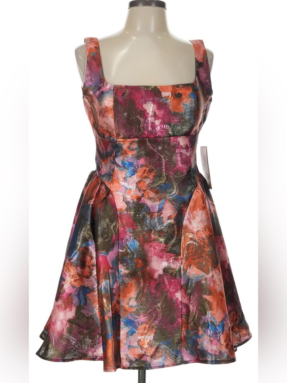 NWT Katia Rae Dress L Party Pink Floral Metallic Jacquard Fit Flare Bow Back